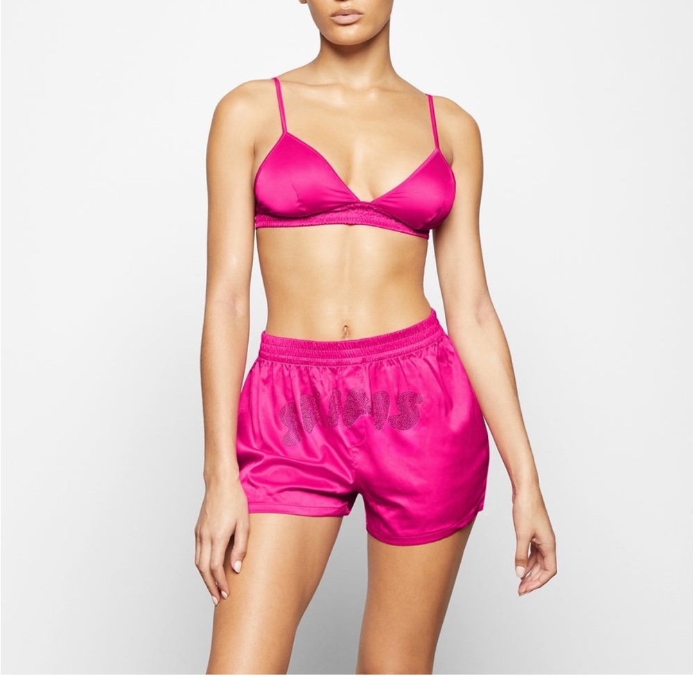 SKIMS Woven Shine Rhinestone Logo Boxers in Raspberry NEW